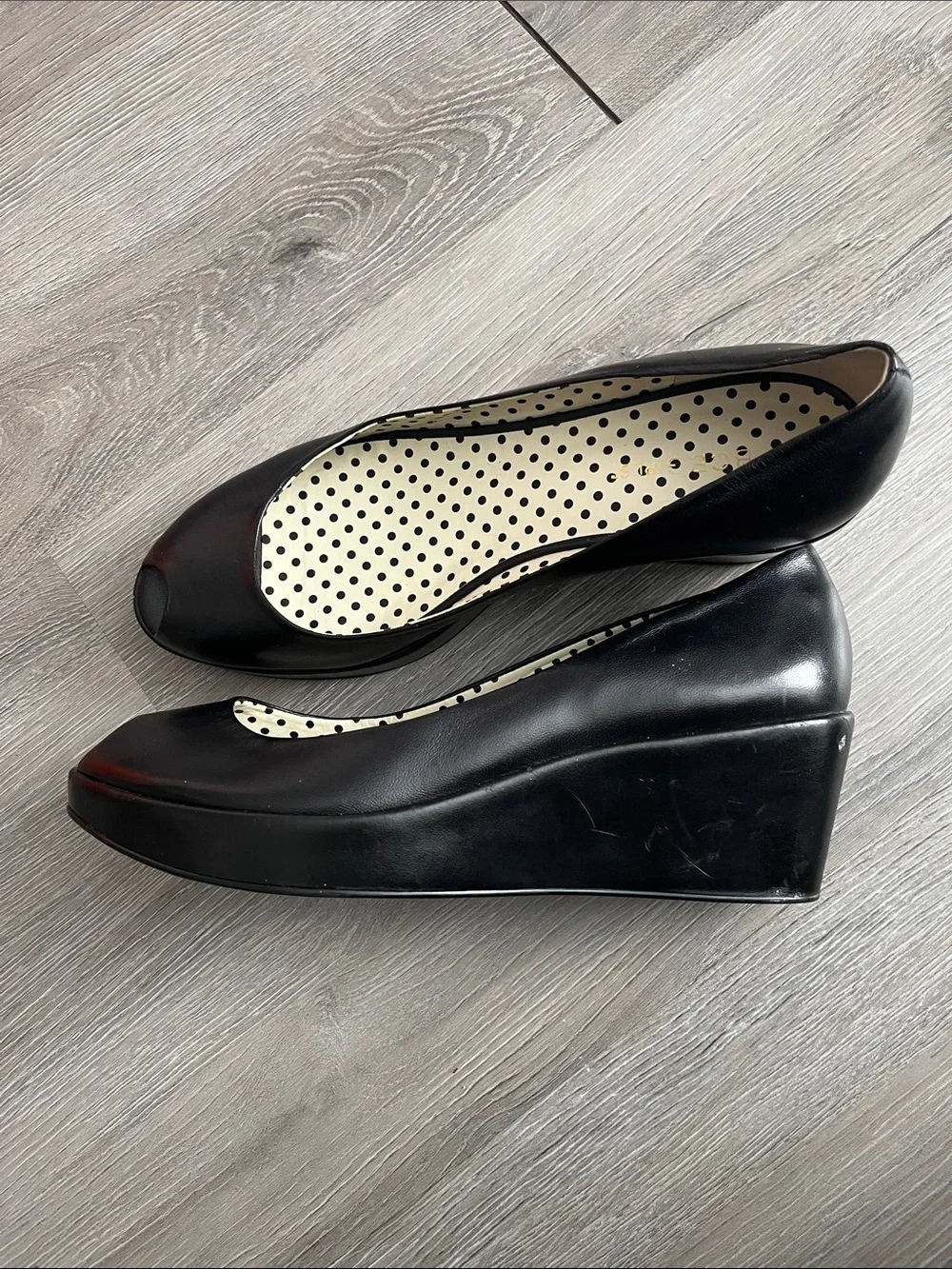 BCBGirls Women’s Black Peep-Toe Size 10B Wedge Heels with Polka-Dot Insole